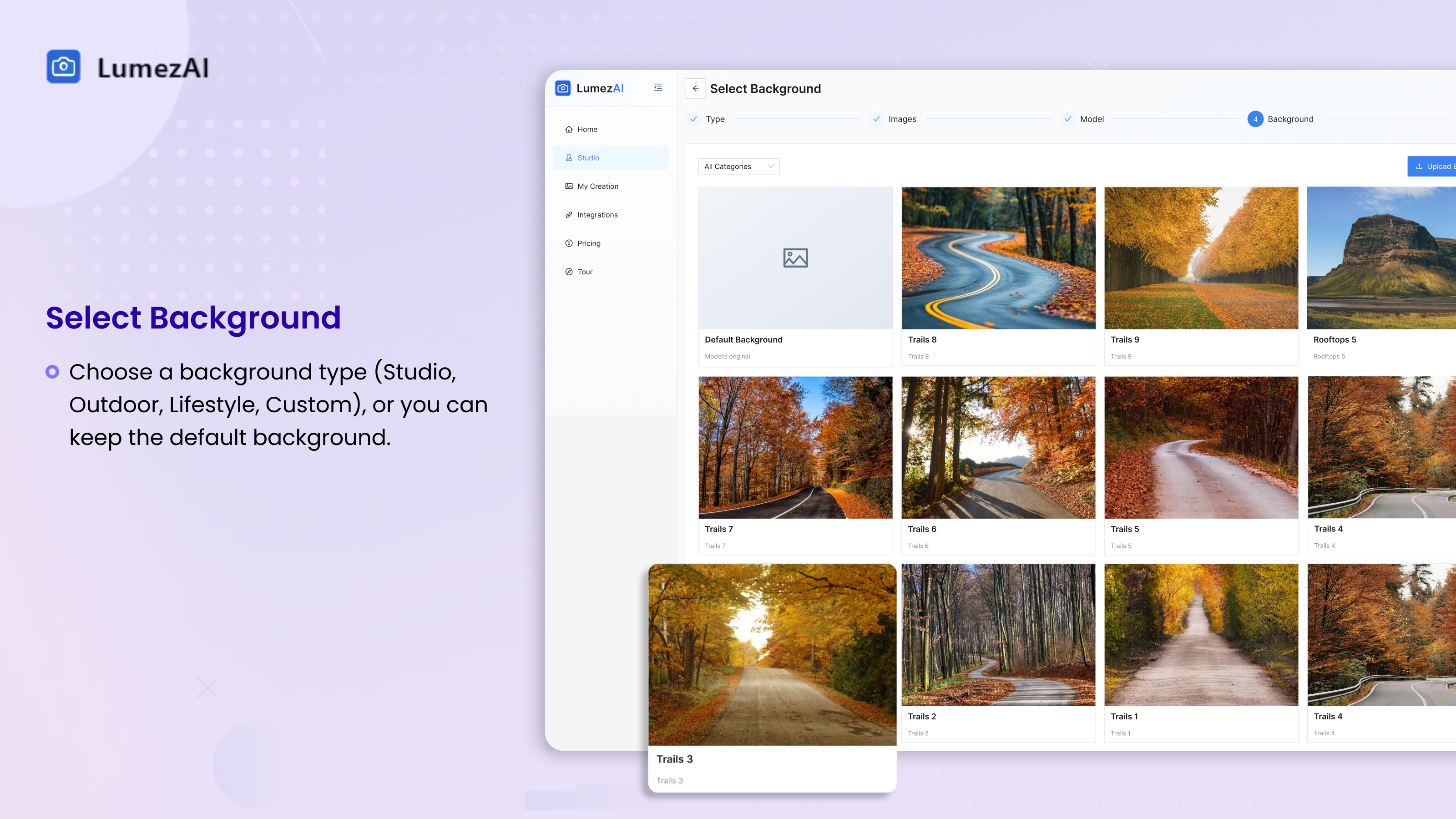 AI Product Photography for Shopify – LumezAI Select Background Menu
