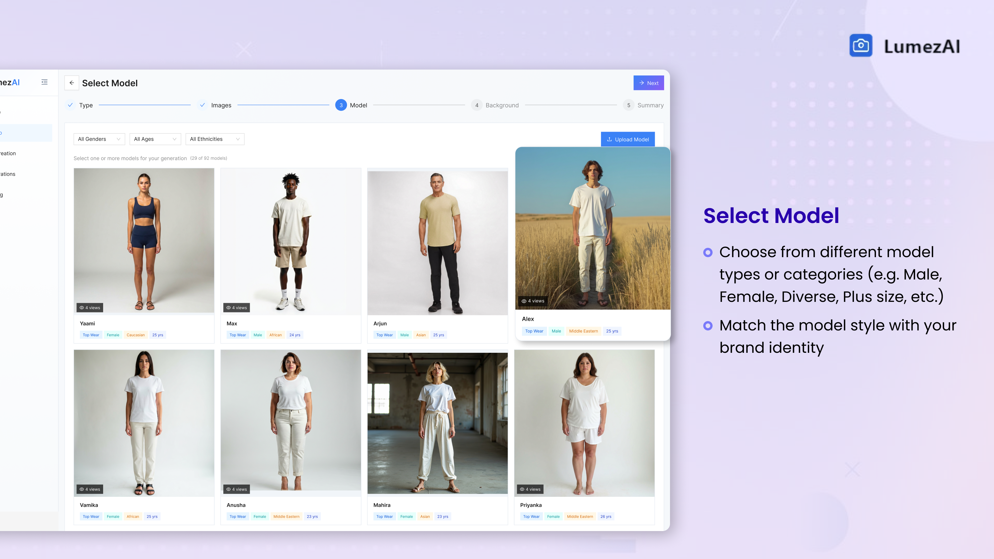 AI Product Photography for Shopify – LumezAI Select Model Menu